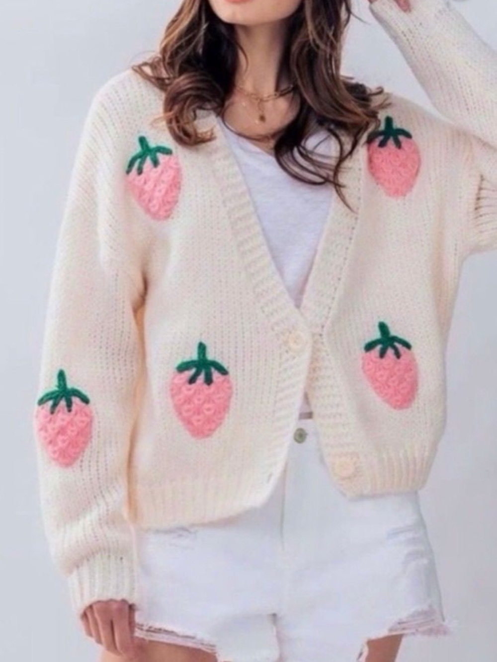 Cream Strawberry-Appliqué Knit Cardigan